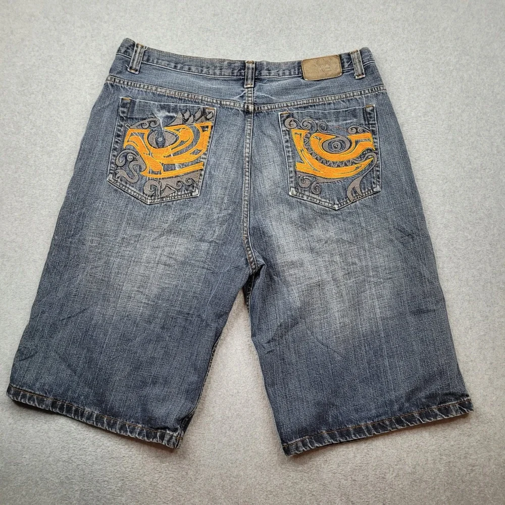 Y2K Jean Shorts Mens 42 Blue Embroidered Baggy Skater Hip Hop Denim